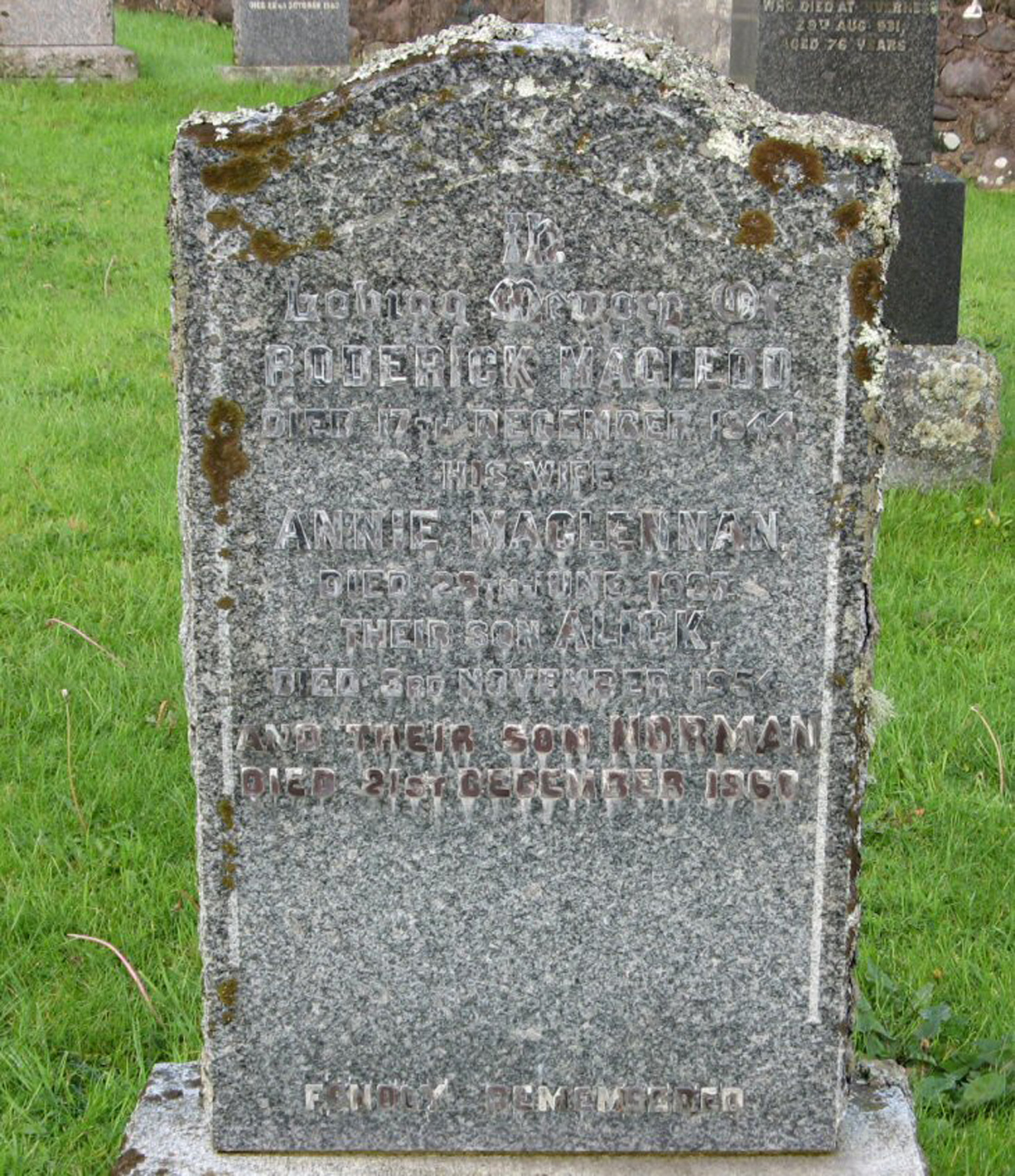 Photo of headstones/Annie MacLennan (MacLeod) died 1937 MI Laide, Gairloch
